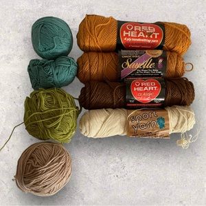 Yarn Mixed Bundle Greens and Browns Eight Partial and Full Skeins Balls